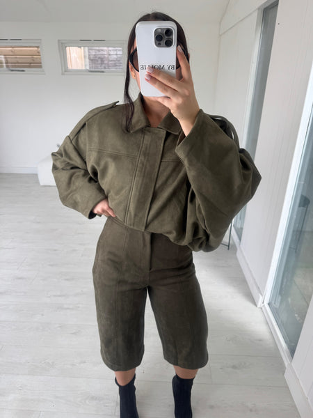 KHAKI VEGAN SUEDE JACKET AND SHORTS CO-ORD