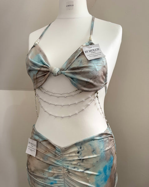 MULTI PATTERNED DIAMANTÉ DETAIL CROP AND SKIRT SET