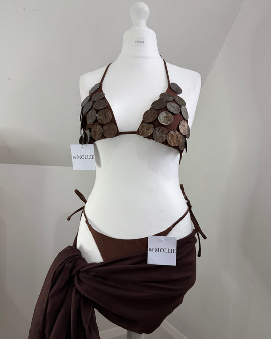 BROWN PEARL DISC THREE PIECE BIKINI AND SARONG SET