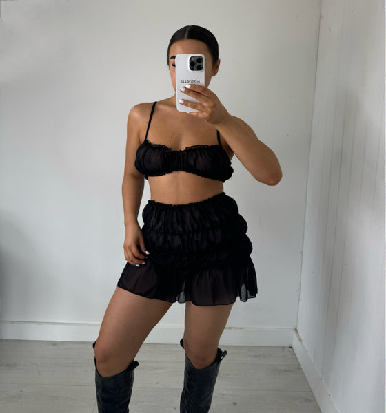 BLACK SHEER RUCHED CROP TOP & MINI SKIRT CO-ORD