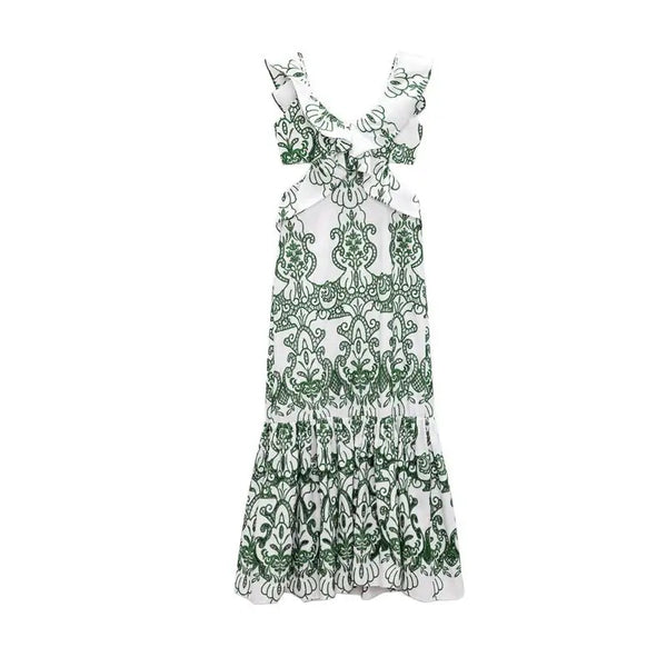 GREEN EMBROIDERED BACKLESS MAXI DRESS