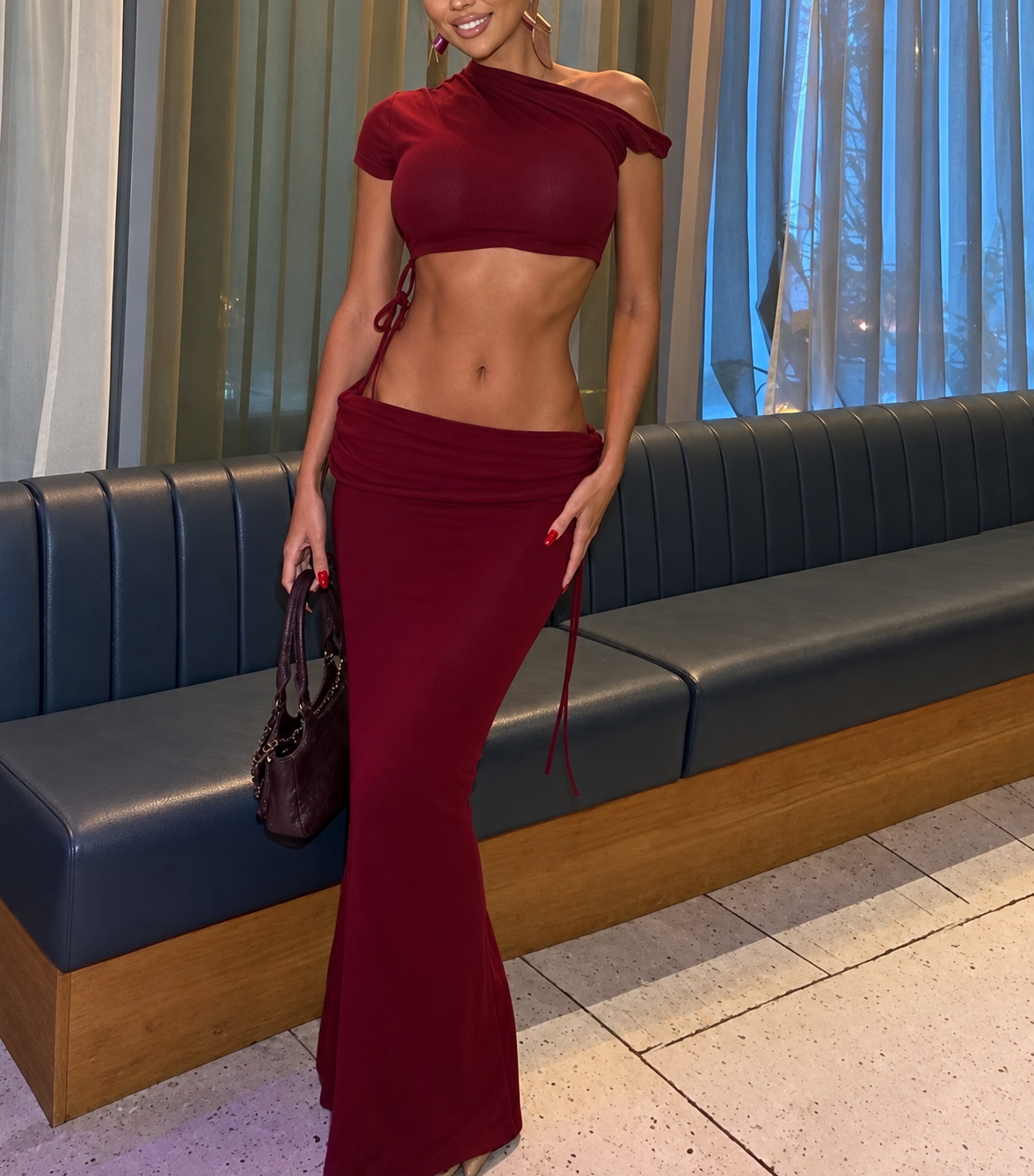BURGUNDY FOLD OVER OFF SHOULDER CROP AND MAXI SKIRT CO-ORD