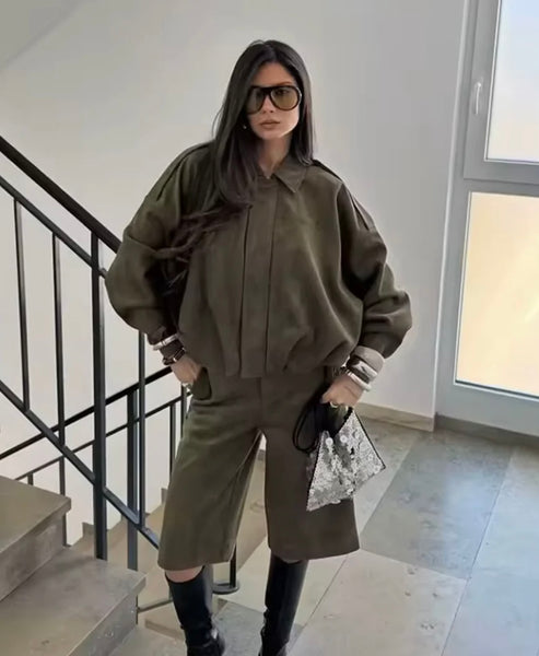 KHAKI VEGAN SUEDE JACKET AND SHORTS CO-ORD