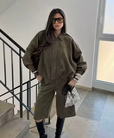 KHAKI VEGAN SUEDE JACKET AND SHORTS CO-ORD