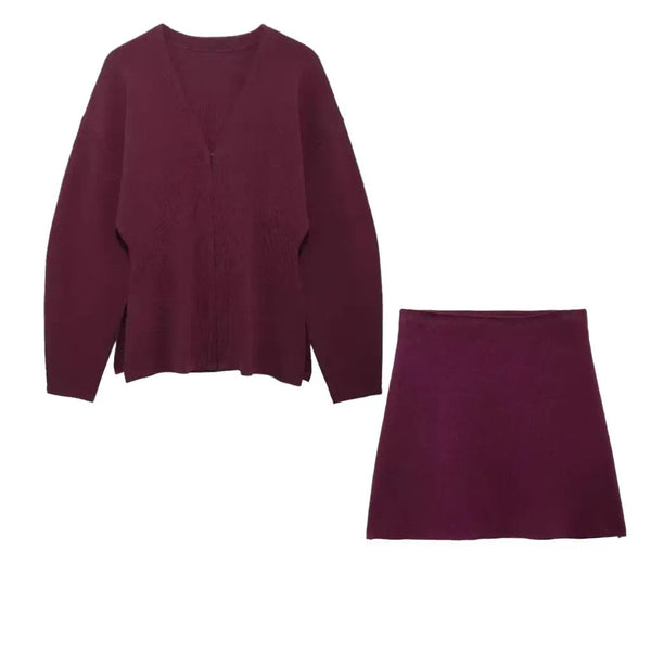 BURGUNDY CARDIGAN AND MINI SKIRT CO-ORD