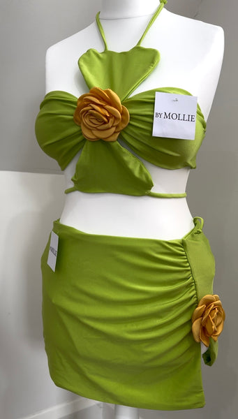 LIME GREEN FLOWER THREE PIECE BIKINI AND SKIRT SET