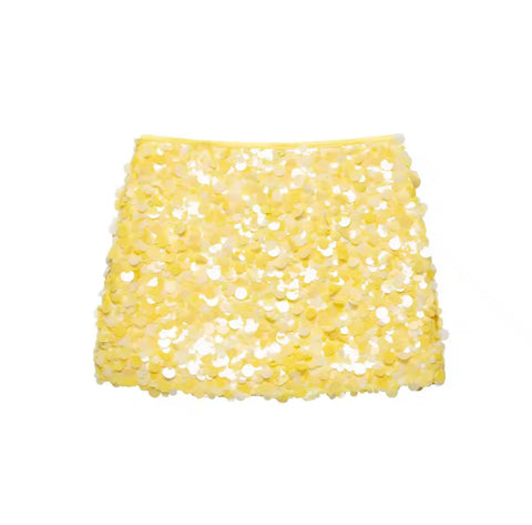 YELLOW SHIMMER DISC MINI SKIRT