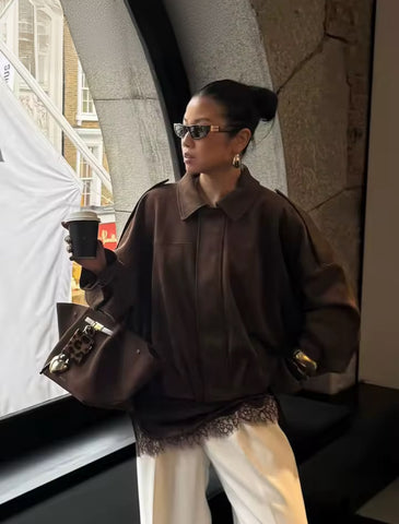BROWN VEGAN SUEDE COLLARED JACKET