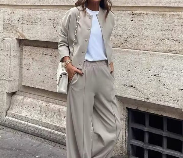 BEIGE BOMBER JACKET AND WIDE LEG TROUSER CO-ORD