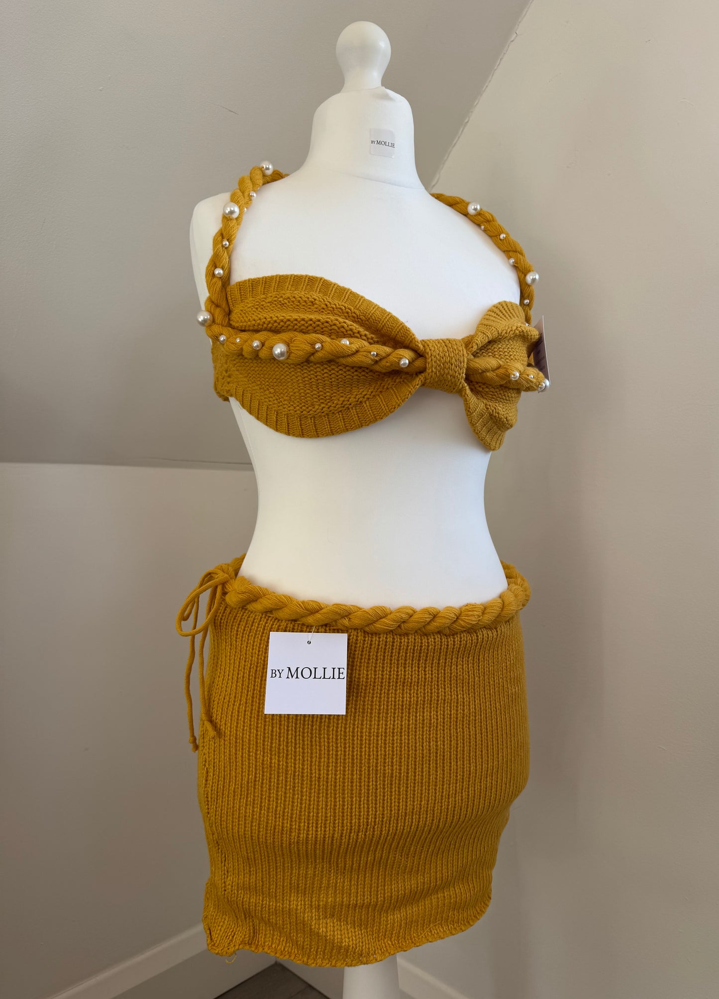 MUSTARD EMBELLISHED CROCHET BRALET AND MINI SKIRT CO-ORD
