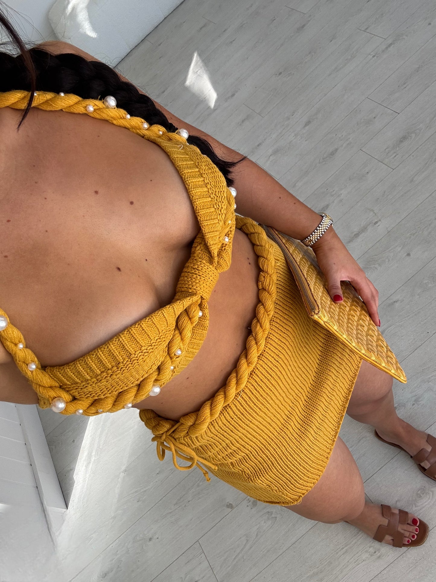 MUSTARD EMBELLISHED CROCHET BRALET AND MINI SKIRT CO-ORD