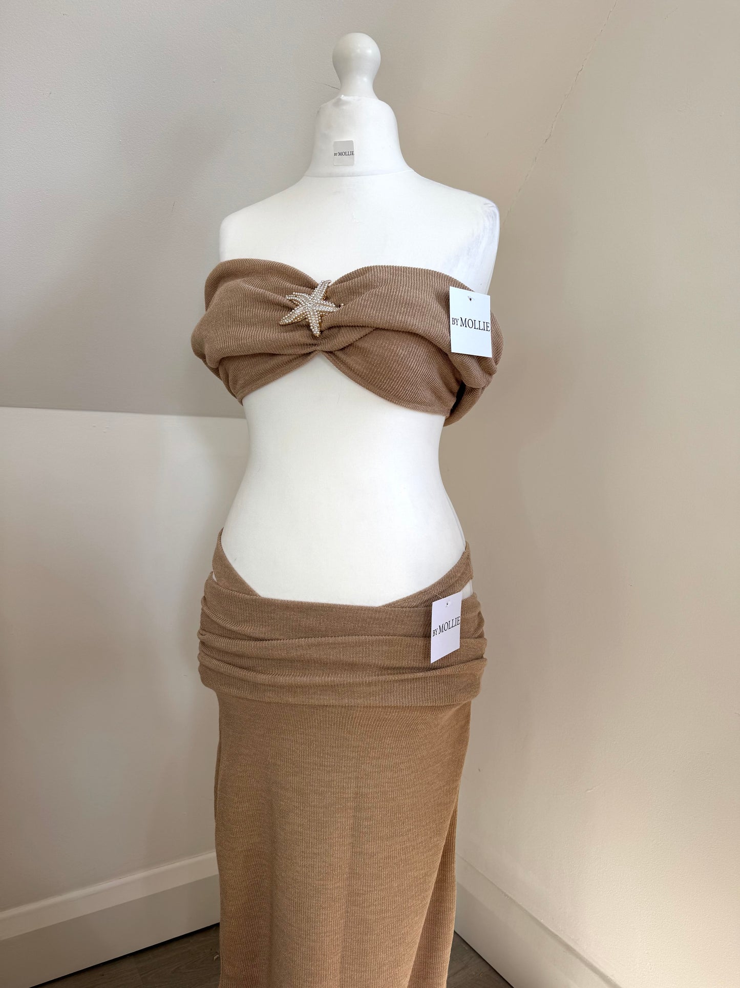 BEIGE KNIT BARDOT STAR TOP AND FOLD OVER MAXI SKIRT CO-ORD