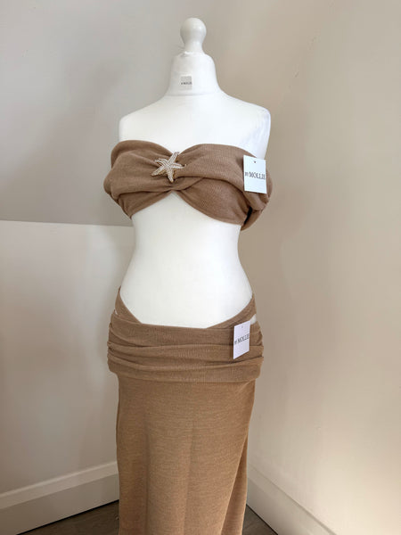 BEIGE KNIT BARDOT STAR TOP AND FOLD OVER MAXI SKIRT CO-ORD