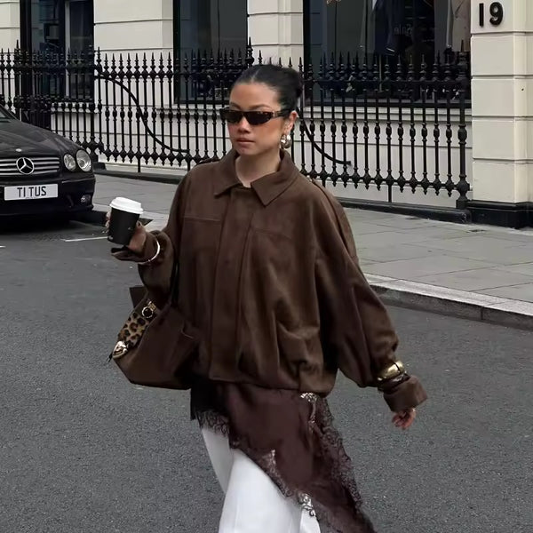 BROWN VEGAN SUEDE COLLARED JACKET