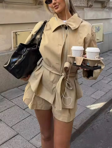 TIE WAIST TRENCH COAT AND SHORTS CO-ORD