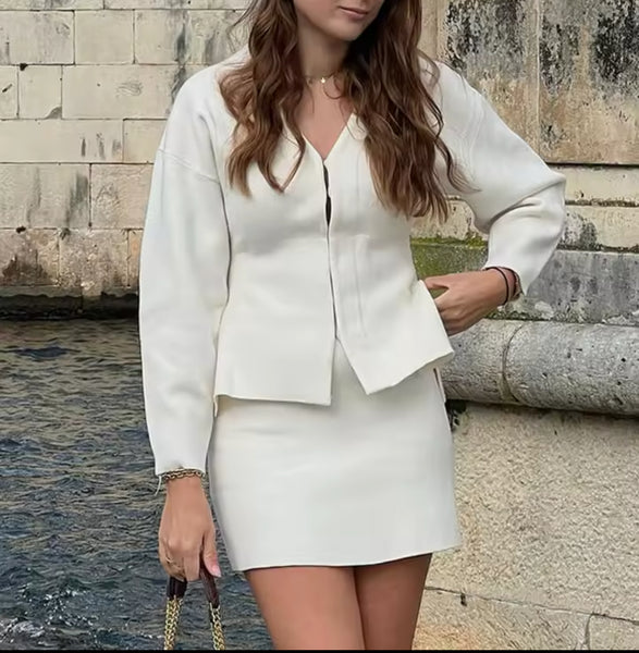 WHITE CARDIGAN AND MINI SKIRT CO-ORD