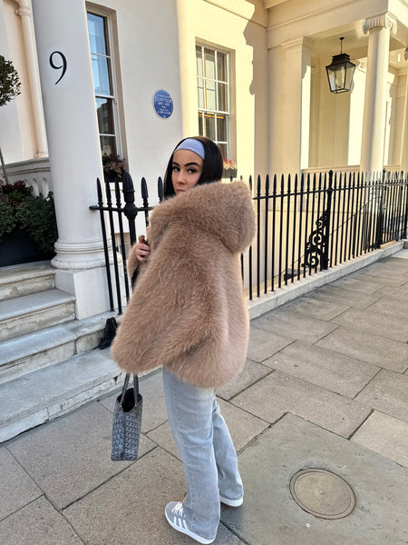 CAMEL HOODED FAUX FUR COAT