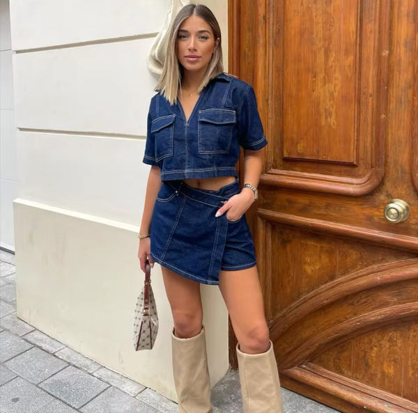 DARK BLUE DENIM SHIRT AND SKORT CO-ORD SET