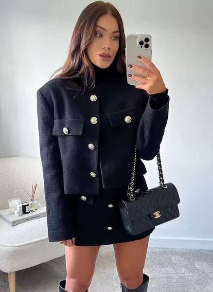 BLACK TWEED CROP BLAZER AND MINI SKORT CO-ORD