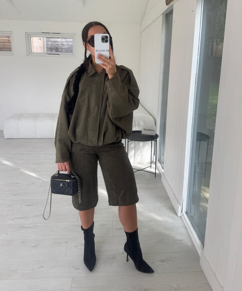 KHAKI VEGAN SUEDE JACKET AND SHORTS CO-ORD