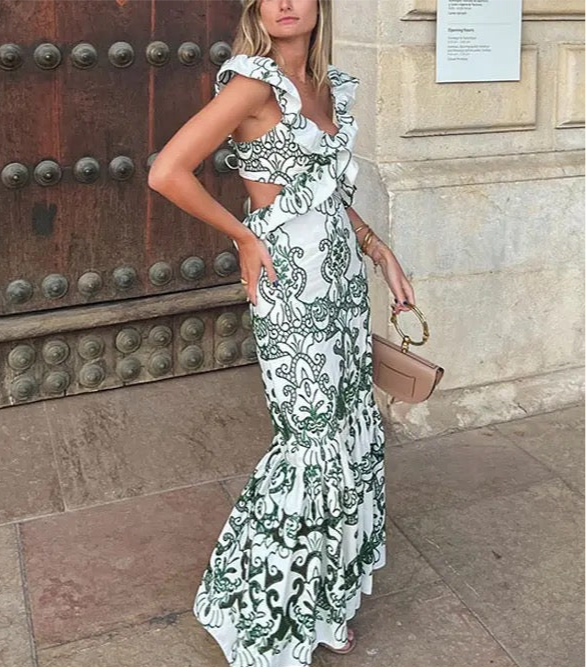 GREEN EMBROIDERED BACKLESS MAXI DRESS