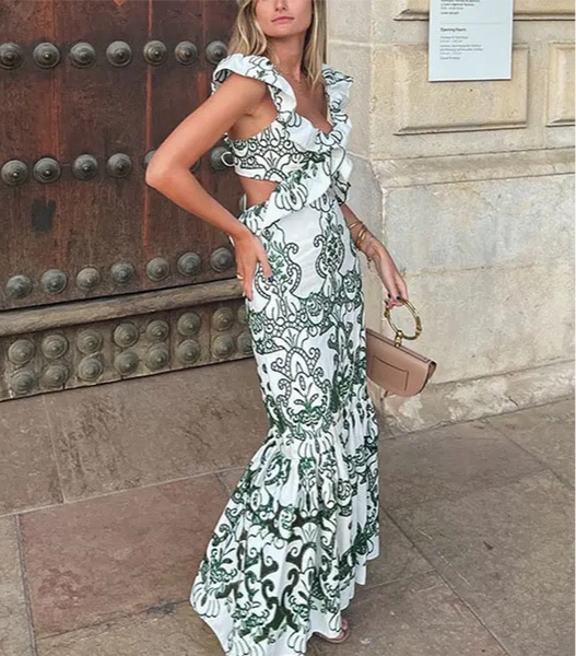 GREEN EMBROIDERED BACKLESS MAXI DRESS