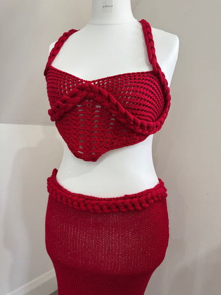RED CROCHET BRALET CORSET AND MAXI SKIRT CO-ORD