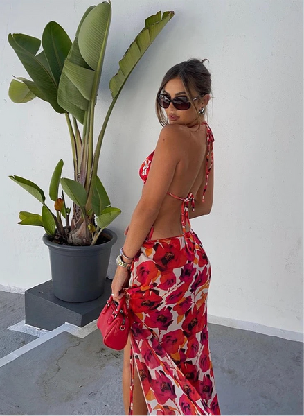 RED FLOWER THREE PIECE BIKINI AND SKIRT SET