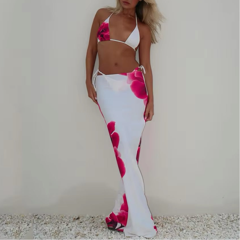 PINK FLOWER THREE PIECE BIKINI AND SKIRT SET