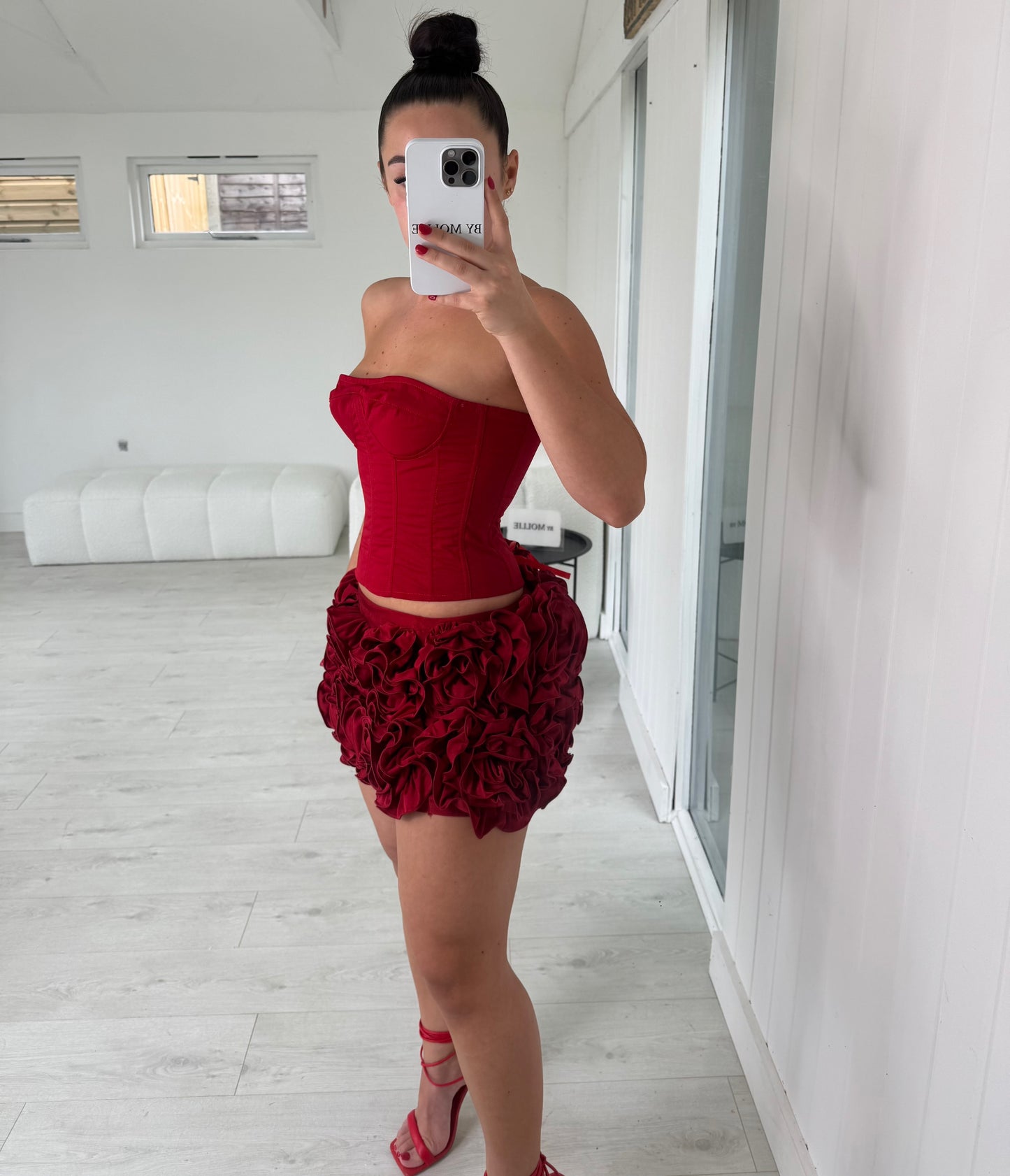 RED LACE UP CORSET AND FLORAL MINI SKIRT CO-ORD