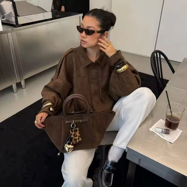 BROWN VEGAN SUEDE COLLARED JACKET