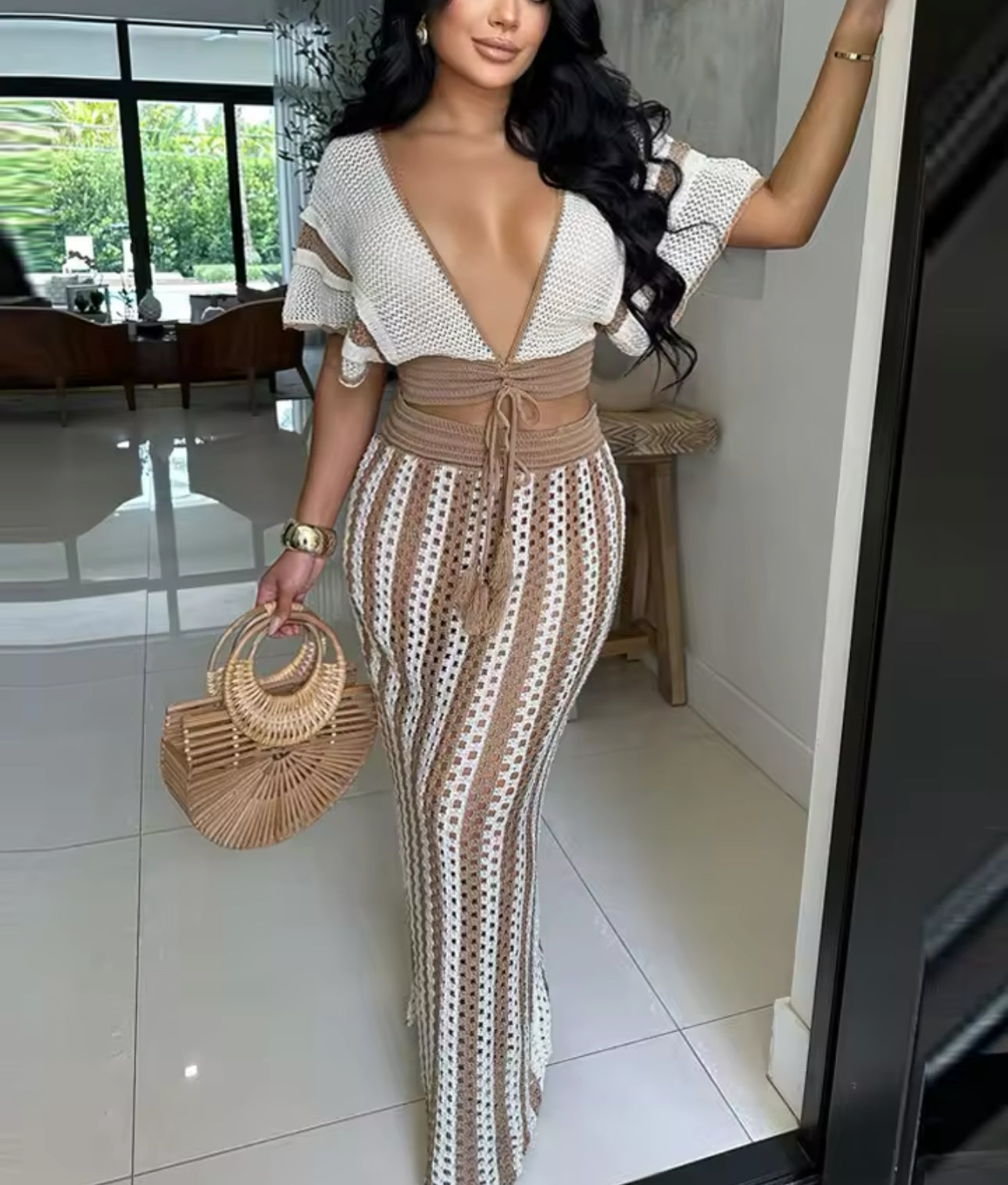 STRIPE CROCHET CROP TOP AND MAXI SKIRT CO-ORD