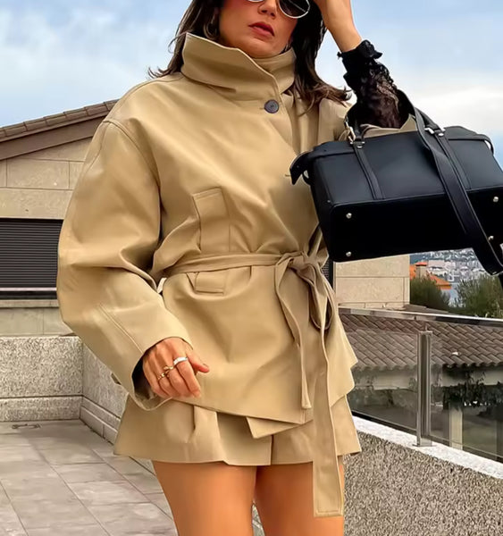 TIE WAIST TRENCH COAT AND SHORTS CO-ORD
