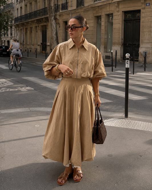BEIGE COLLARED SHIRT AND MAXI SKIRT CO-ORD