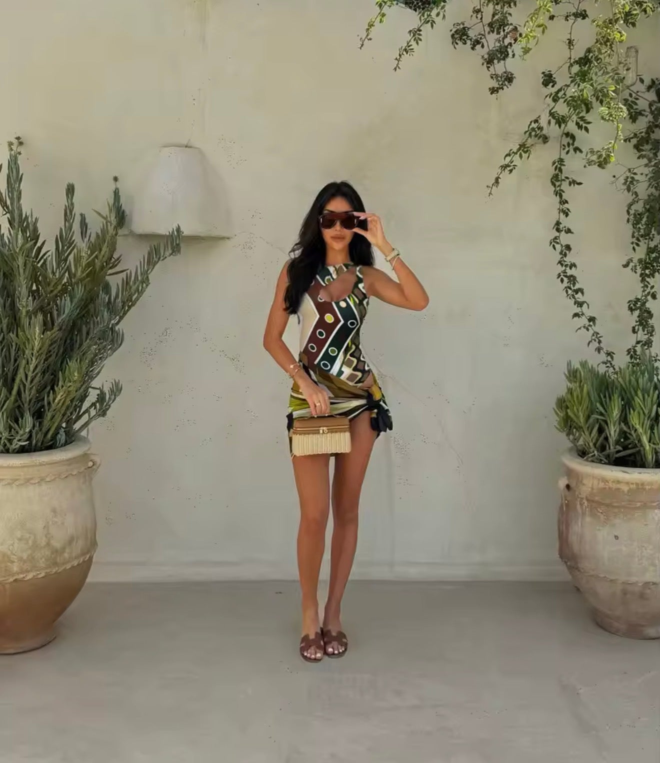 GREEN PATTERNED SWIMSUIT AND MINI SARONG SET