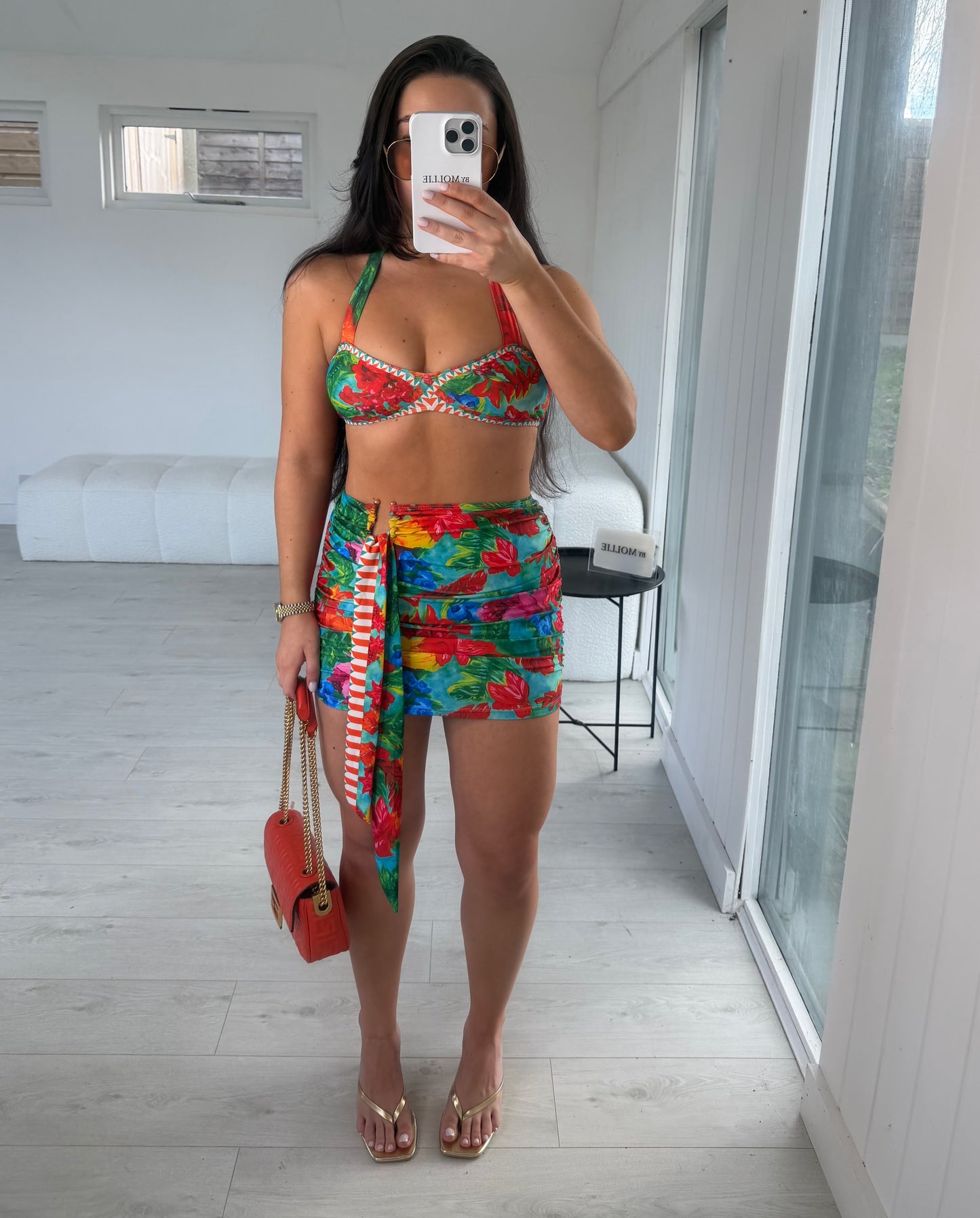 MULTICOLOUR PATTERNED THREE PIECE BIKINI AND SKIRT SET