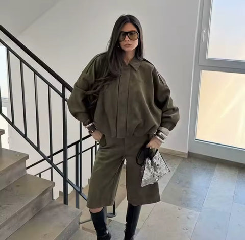 KHAKI COLLARED JACKET AND SHORTS CO-ORD
