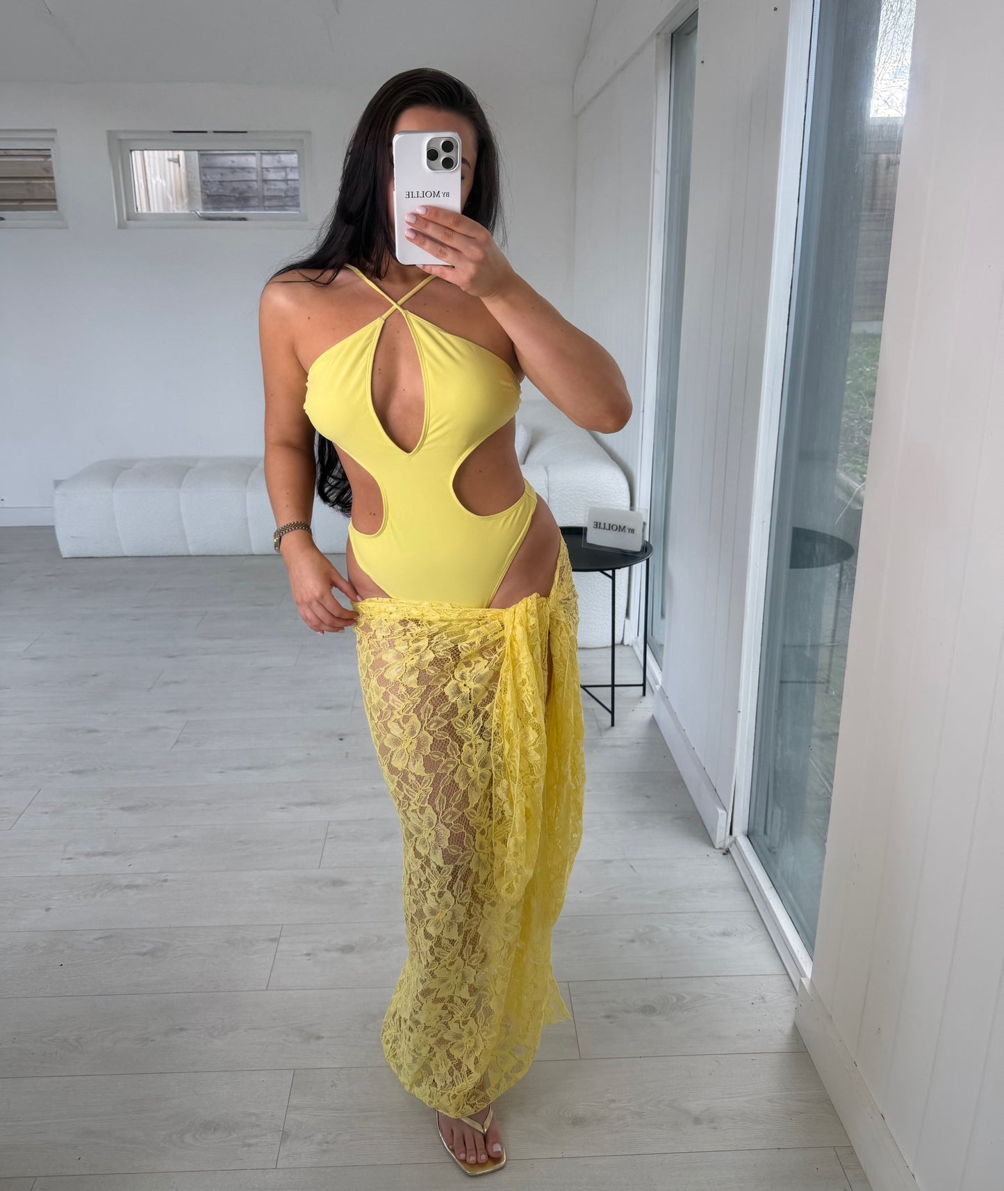 LEMON YELLOW CUT OUT SWIMSUIT AND LACE SARONG CO ORD