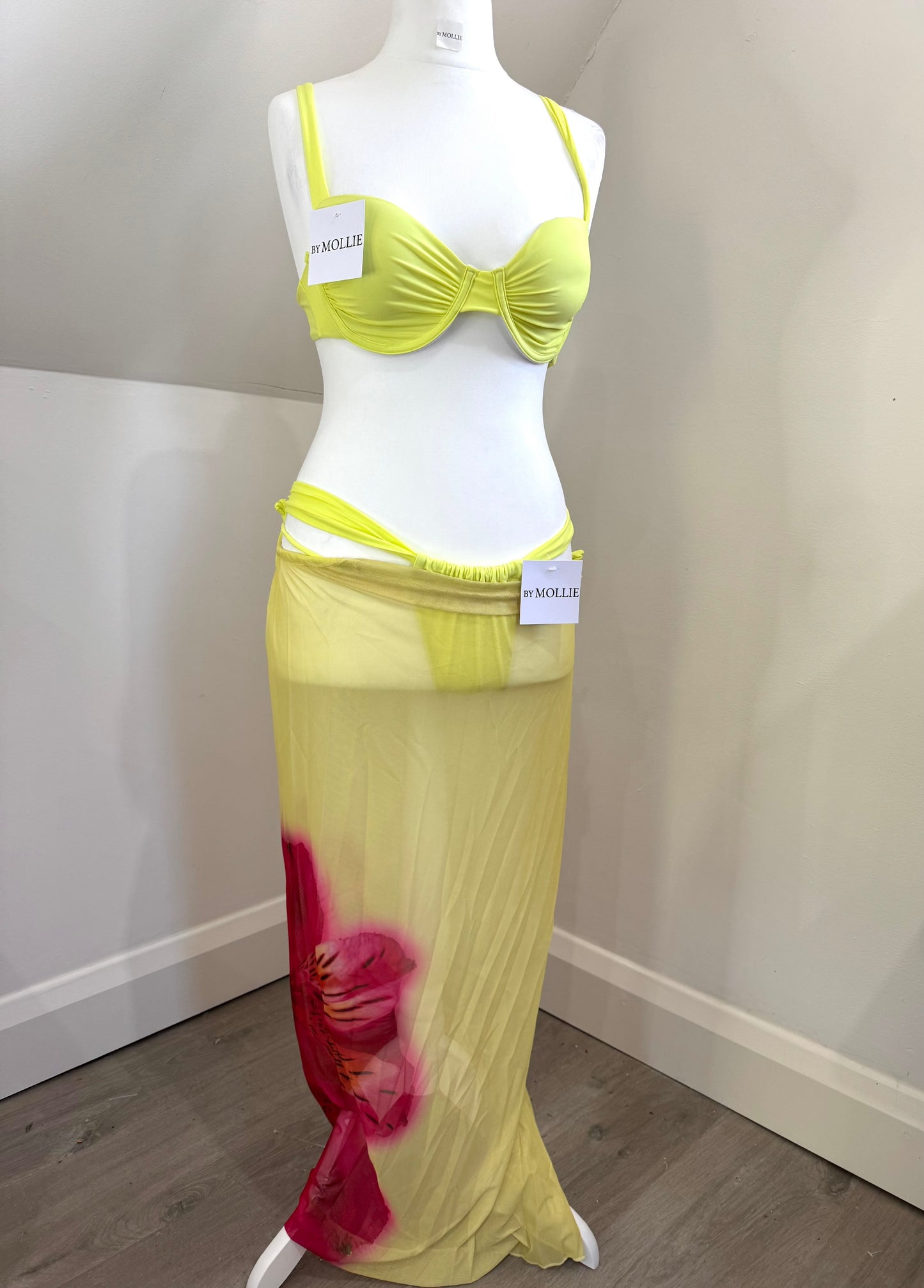 YELLOW FLORAL THREE PIECE BIKINI AND SKIRT SET