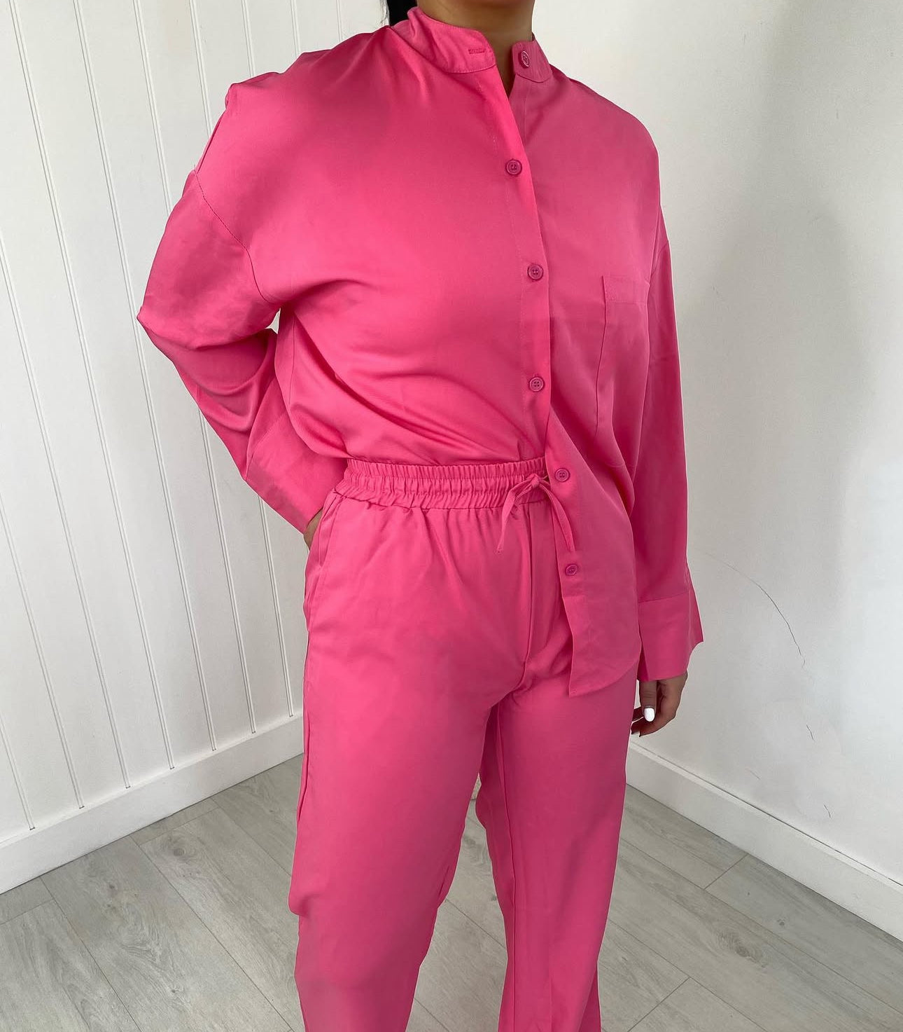 PINK SATIN OVERSIZED SHIRT AND TROUSER CO-ORD