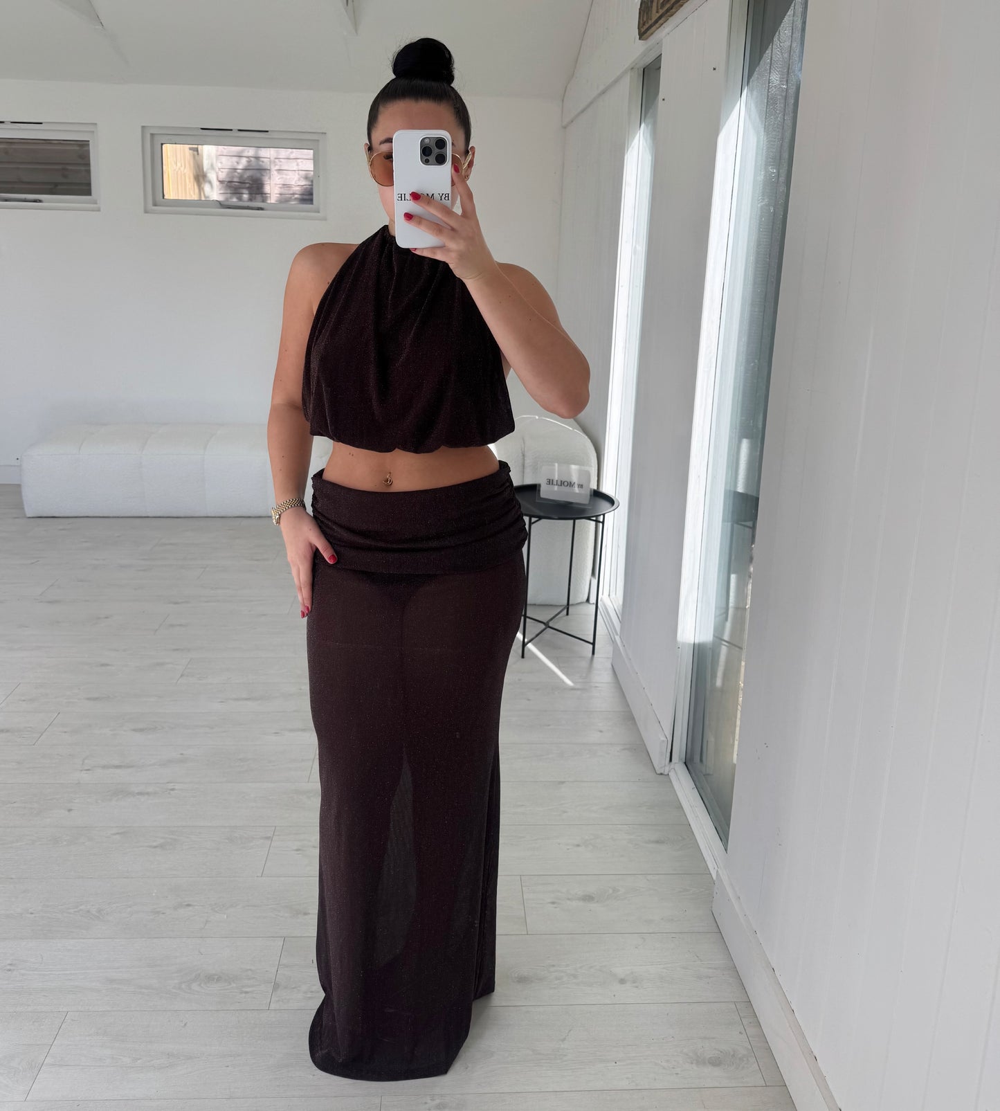 BROWN SHIMMER FOLD OVER MAXI AND CROP HALTER