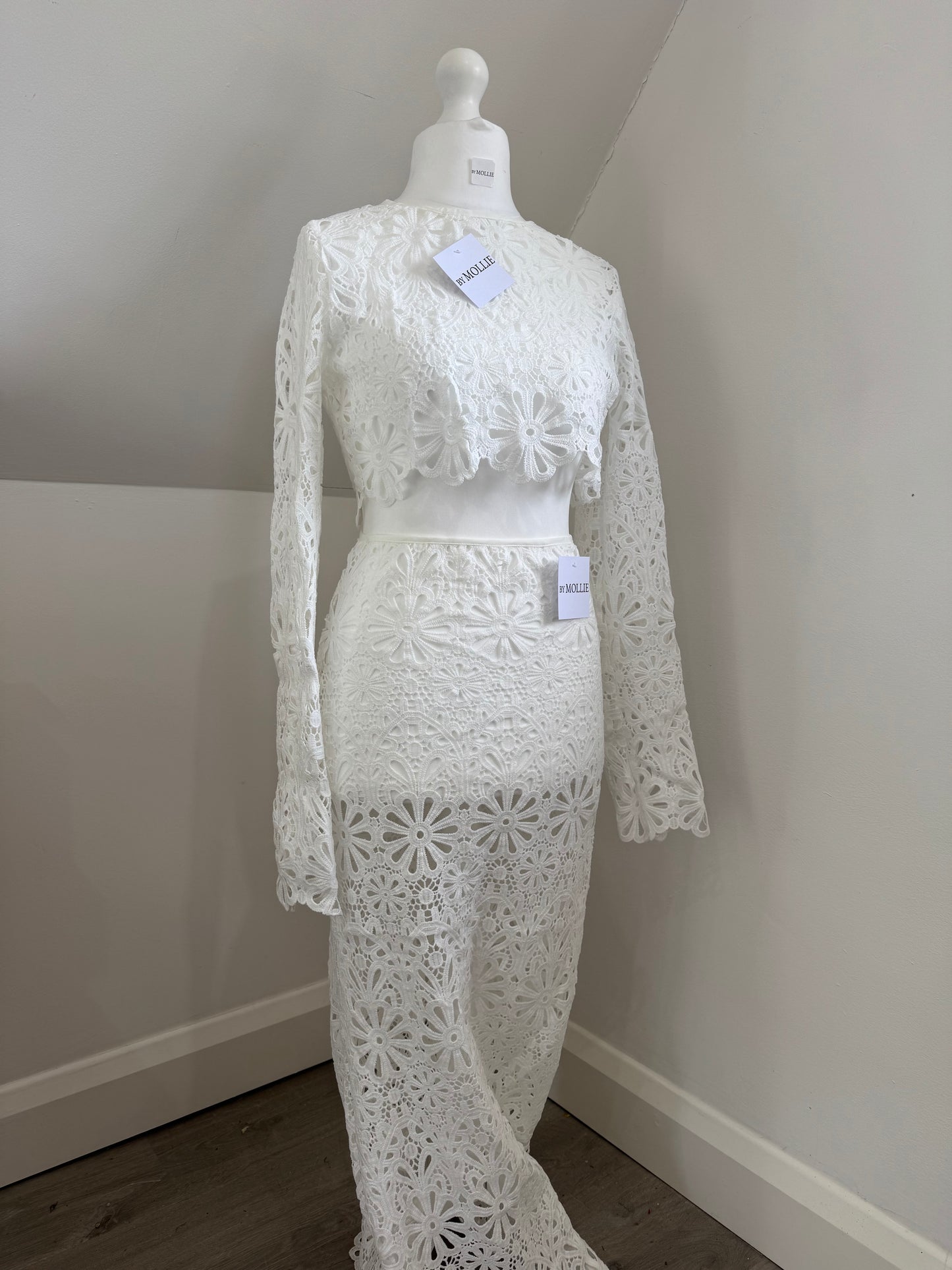 WHITE CUT OUT LONG SLEEVE TOP AND MAXI SKIRT CO-ORD