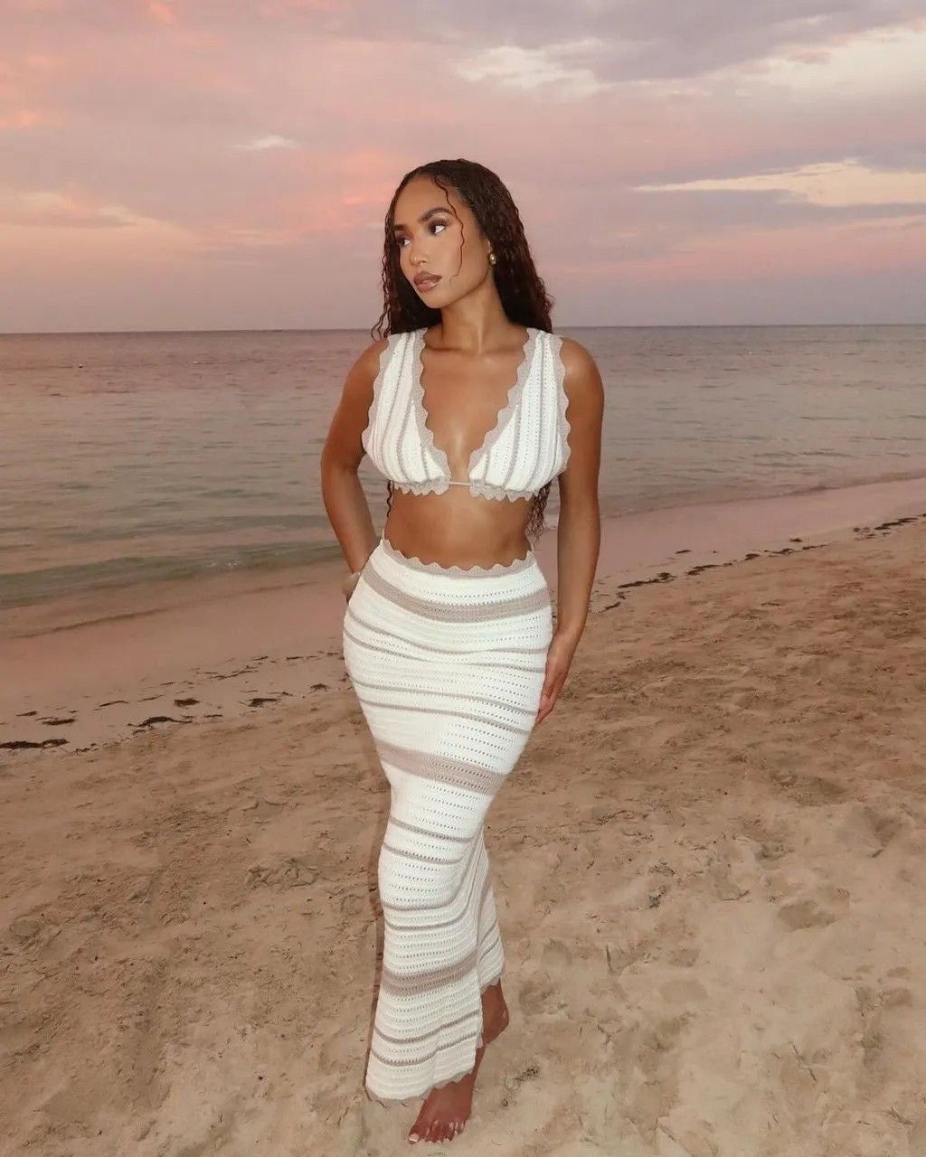 BEIGE KNIT STRIPE BRALET AND MAXI SKIRT CO-ORD