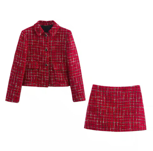 RED TARTAN TWEED CROP BLAZER AND MINI SKIRT CO-ORD