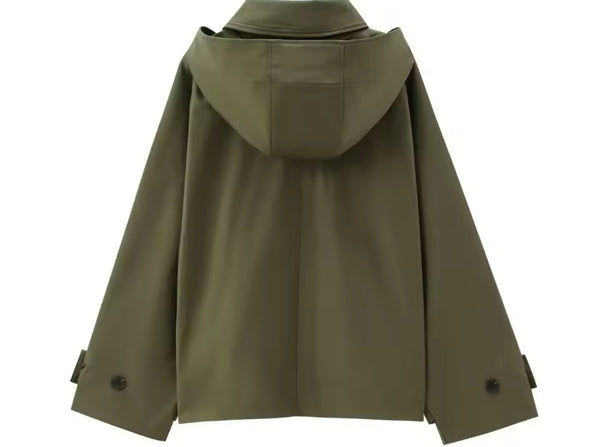 KHAKI CROPPED HOODED TRENCH COAT