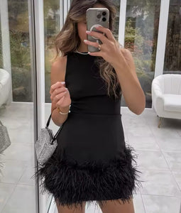 BLACK FEATHER HEM MINI DRESS