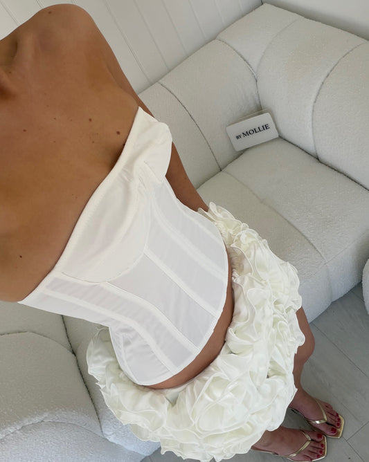 WHITE LACE UP CORSET AND FLORAL MINI SKIRT CO-ORD