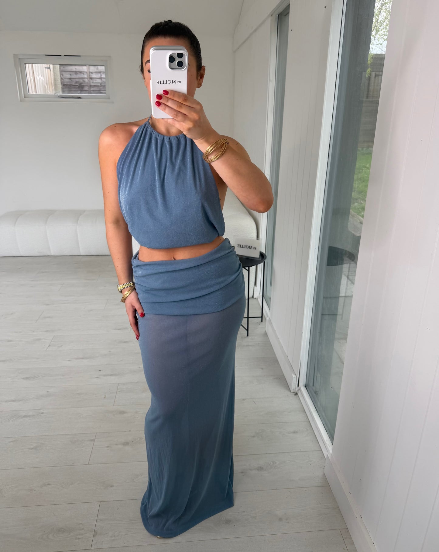 BABY BLUE SHIMMER FOLD OVER MAXI AND CROP HALTER