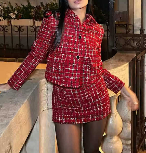 RED TARTAN TWEED CROP BLAZER AND MINI SKIRT CO-ORD