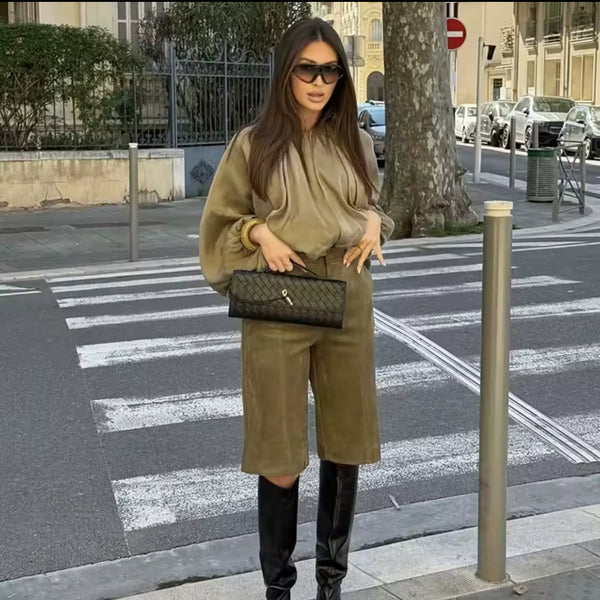 KHAKI COLLARED JACKET AND SHORTS CO-ORD